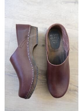 RARE Kitty Clogs Slip On Leather / Wooden Sweden Low Jorg Garnet Brown EU 41